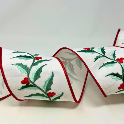 Sage Colored Holly Leaves Embroidery on White Faux Dupioni Ribbon 4" x 10yd | IR