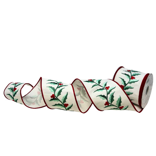 Sage Colored Holly Leaves Embroidery on White Faux Dupioni Ribbon 4" x 10yd | IR