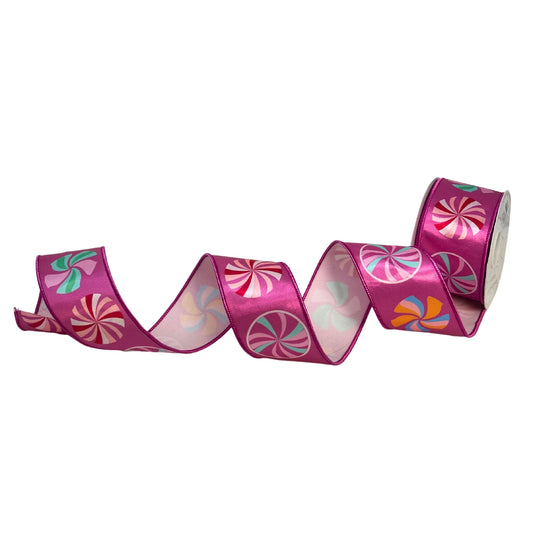 Multi Colored Candy Print Ribbon on Hot Pink Satin 2.5" x 10yd | IR