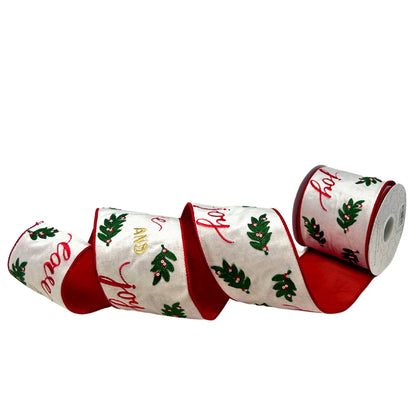 Love and Joy Embroidery w/ Leaves and Berries on White Velvet Ribbon 4" x 10yd | IR