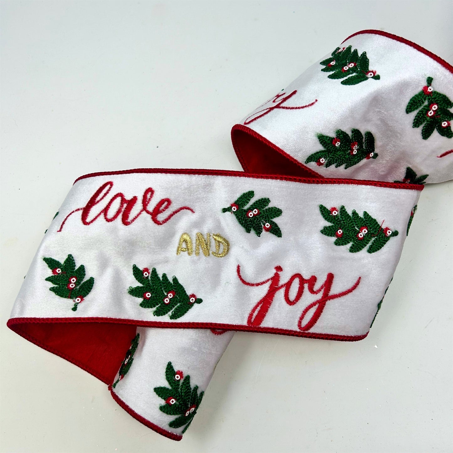 Love and Joy Embroidery w/ Leaves and Berries on White Velvet Ribbon 4" x 10yd | IR