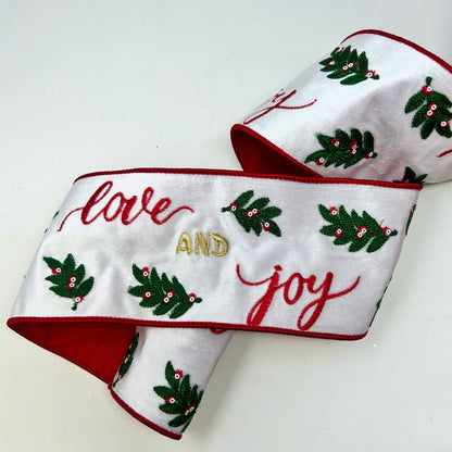 Love and Joy Embroidery w/ Leaves and Berries on White Velvet Ribbon 4" x 10yd | IR