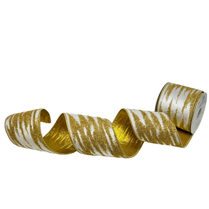 Gold Abstract Towel Embroidery on White Faux Dupioni Ribbon w/ Gold back 4” x 10yd | IR