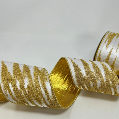 Gold Abstract Towel Embroidery on White Faux Dupioni Ribbon w/ Gold back 4” x 10yd | IR