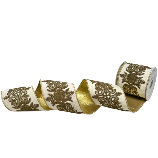 Gold Regal Beaded Design on Ivory Faux Dupioni Ribbon w/ Gold Back 4" x 10yd | IR