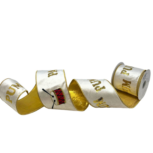 Pa Rum Pum Gold Sequin Embroidery w/ Drum on Ivory Velvet Ribbon 4” x 10yd | IR