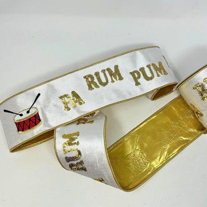 Pa Rum Pum Gold Sequin Embroidery w/ Drum on Ivory Velvet Ribbon 4" x 10yd | IR
