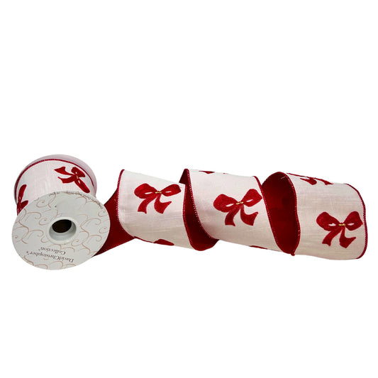 Red Bow Embroidery On White Dupioni Ribbon 4" x 10yd | IR