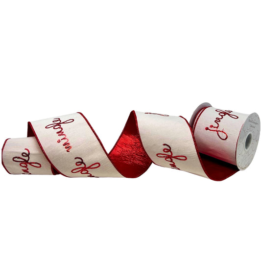 Jingle Mingle Embroidery on White Dupion Ribbon w/ Red Dupion back 4” x 10yd | IR