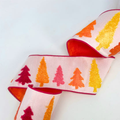 Bright Christmas Tree Chenille Embroidery on Pink Ribbon 4" x 10yd | IR