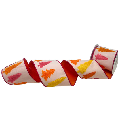 Bright Christmas Tree Chenille Embroidery on Pink Ribbon 4" x 10yd | IR