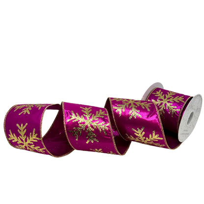 Gold Sequin Snowflake Print on Fuchsia Metallic Ribbon 4” x 10yd | IR