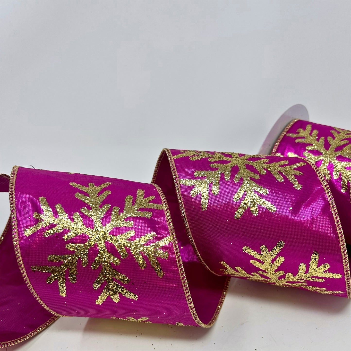 Gold Sequin Snowflake Print on Fuchsia Metallic Ribbon 4” x 10yd | IR