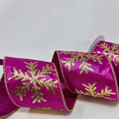 Gold Sequin Snowflake Print on Fuchsia Metallic Ribbon 4” x 10yd | IR