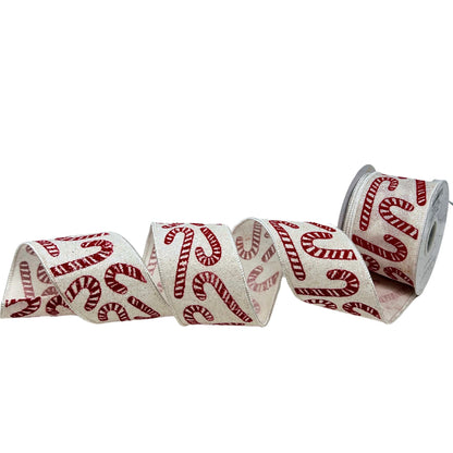 Candy Canes Print on White Glitter Ribbon 2.5" x 10yd | IR