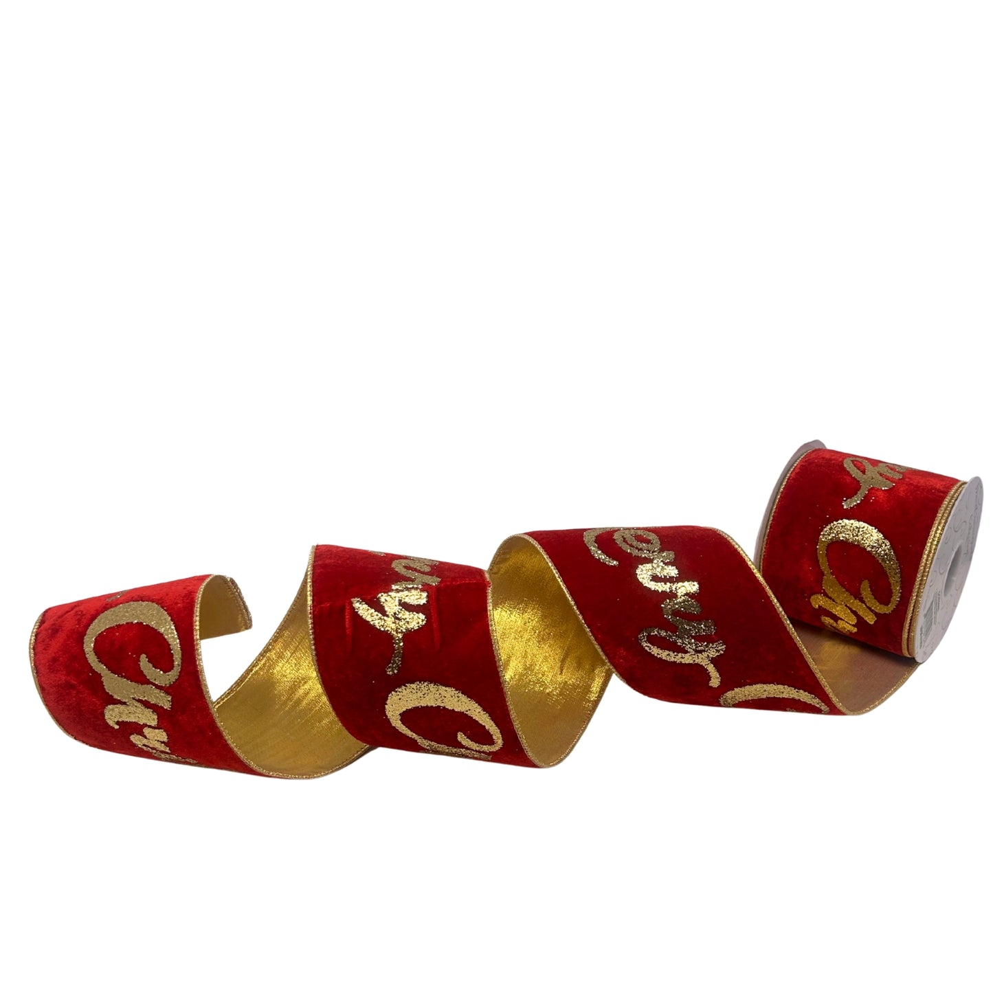 Gold Christmas Glitter Print on Red Velvet Ribbon w/ Gold lame back 4” x 10yd | IR