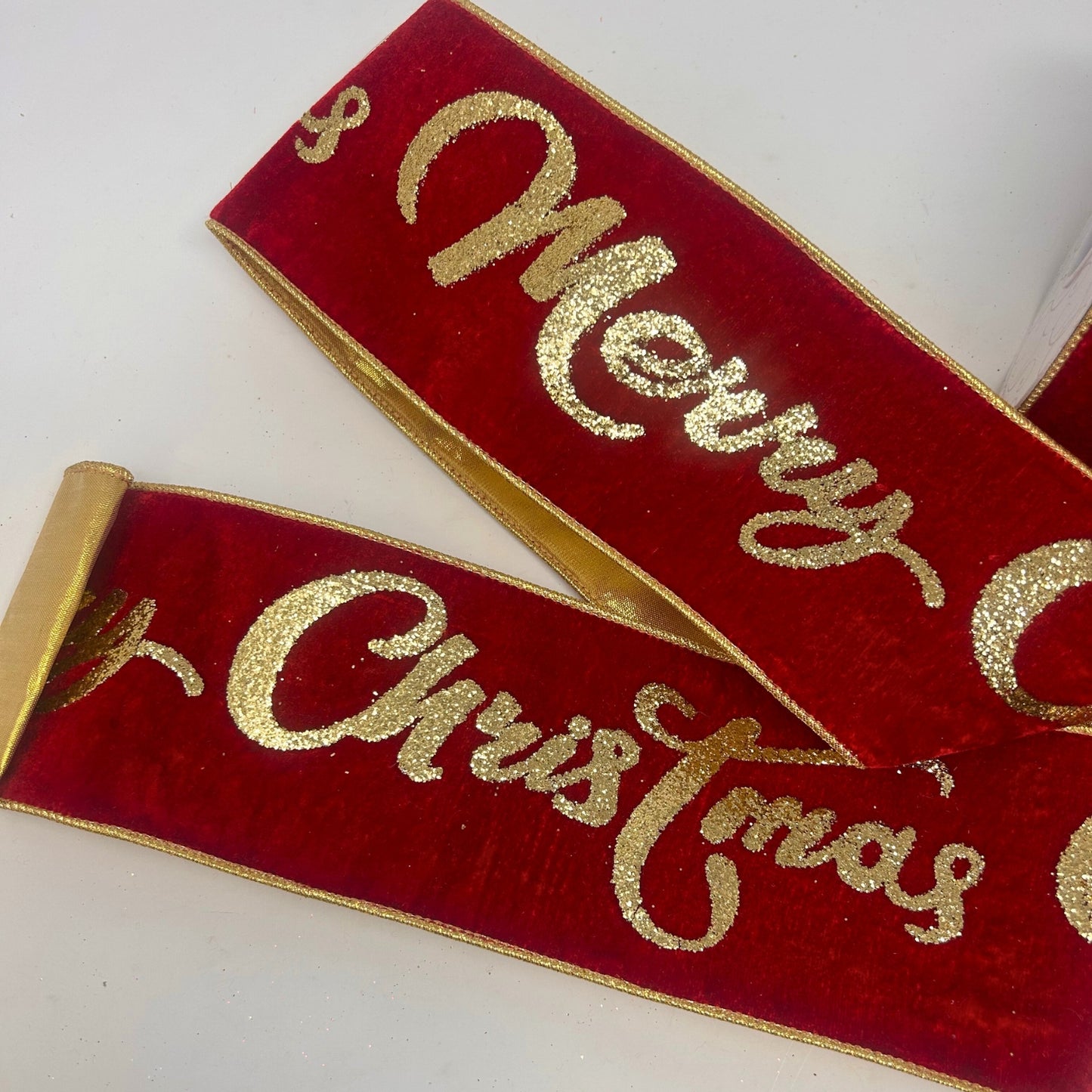 Gold Christmas Glitter Print on Red Velvet Ribbon w/ Gold lame back 4” x 10yd | IR