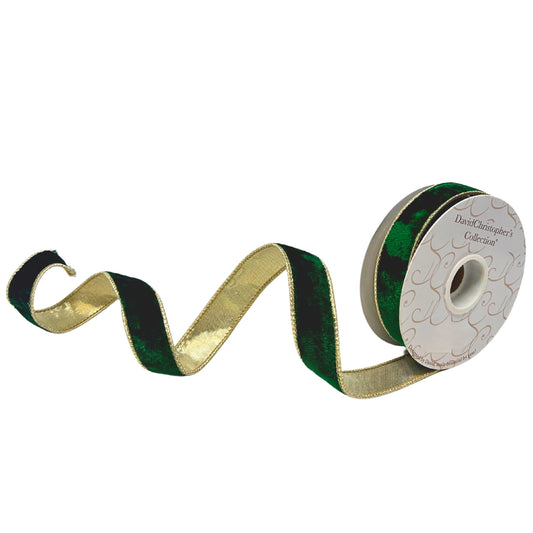 Green Velvet Narrow Ribbon w/ Gold lame back w/ wired edge 1" x 10yd | IR
