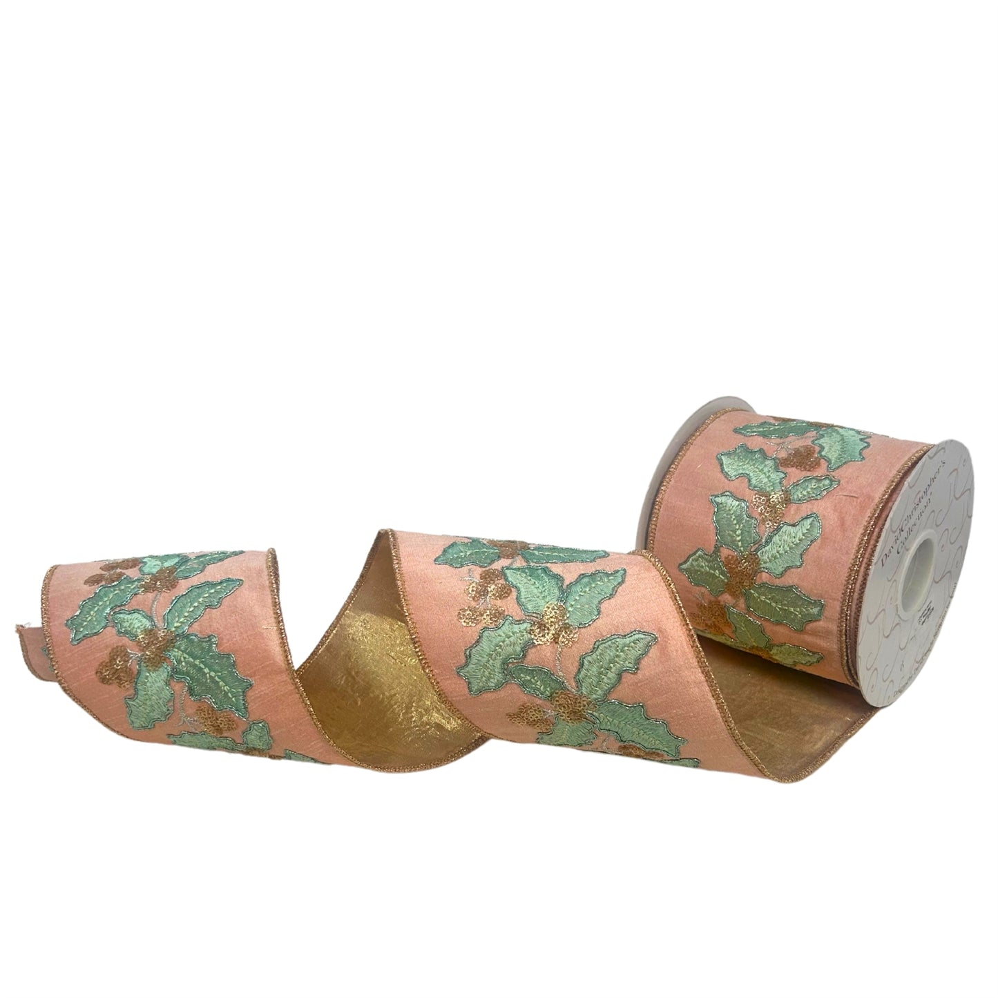 Mint Holly Leaves Embroidery on Pink Faux Dupioni Ribbon 4” x 10yd | IR