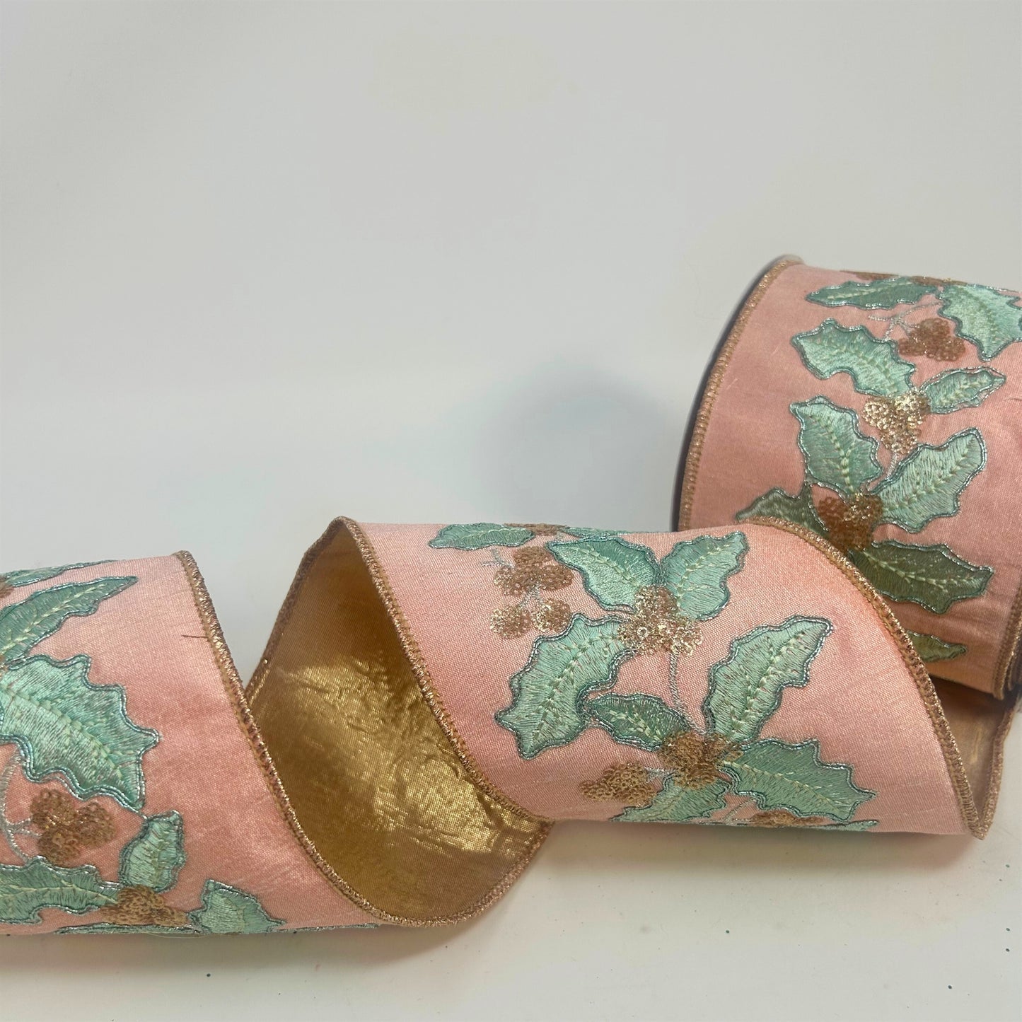 Mint Holly Leaves Embroidery on Pink Faux Dupioni Ribbon 4” x 10yd | IR