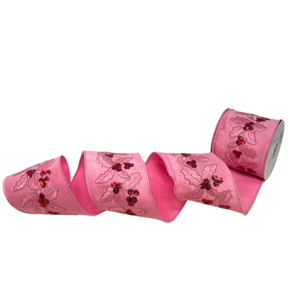Holly Leaves Embroidery on Pink Dupion Ribbon 4” x 10yd | IR