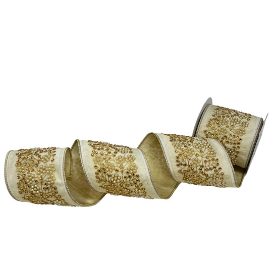 Gold Jewel and Pearl Sewn Trim On Ivory Dupion 4" x 5yd | IR