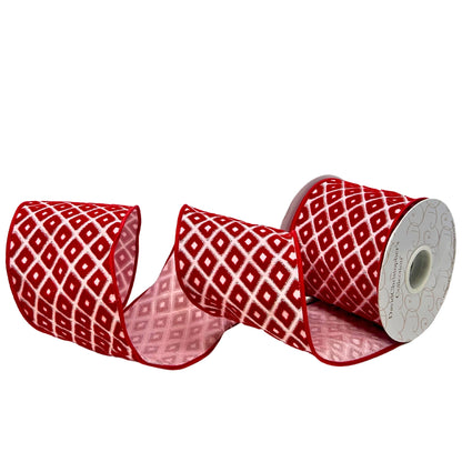 Red Flocked Diamond Pattern on Pink Ribbon 4" x 10yd | IR