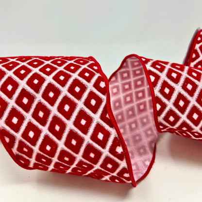 Red Flocked Diamond Pattern on Pink Ribbon 4" x 10yd | IR