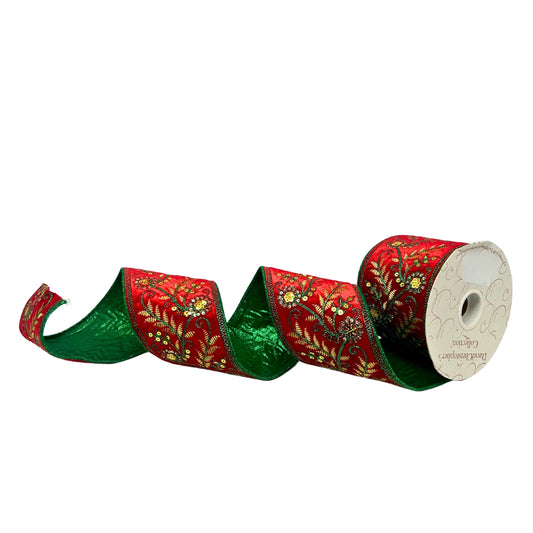 Green Fern Embroidery w/ Gold Sequins on Red Velvet Ribbon w/ Green back 4” x 10yd | IR
