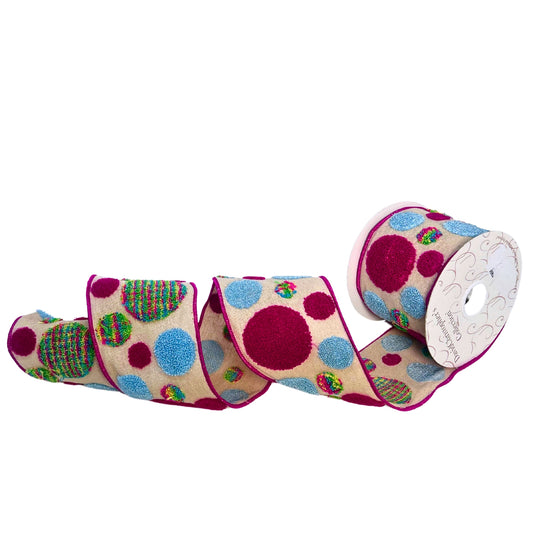 Multi Polka Dots Embroidery on Jute Ribbon 4” x 10yd | IR