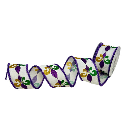 Mardi Gras Fleur-De-Lis Glitter Print Ribbon 4” x 10yd | IR