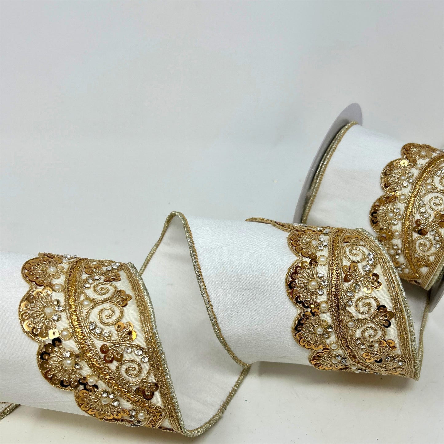 Gold Ornate Detail on Ivory/Gold Dupioni Ribbon 4” x 5yd | IR