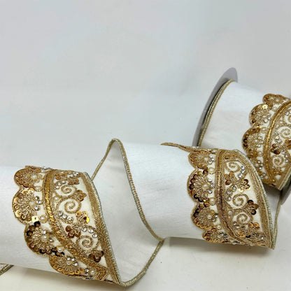 Gold Ornate Detail on Ivory/Gold Dupioni Ribbon 4” x 5yd | IR