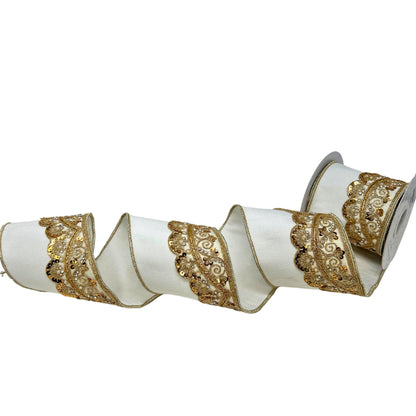 Gold Ornate Detail on Ivory/Gold Dupioni Ribbon 4” x 5yd | IR