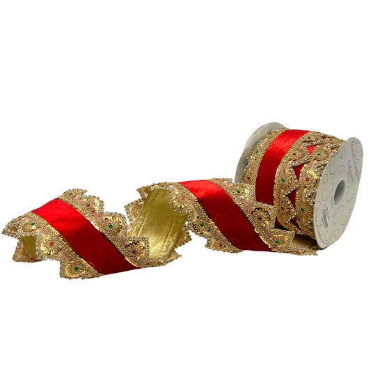 Gold Trim w/ Jewels on The Edge Of Red Velvet Ribbon 4” x 5yd | IR