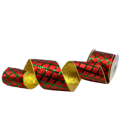 Red Ribbon w/ Green Sequin Embroidery Diamonds and Gold back 4" x 10yd | IR