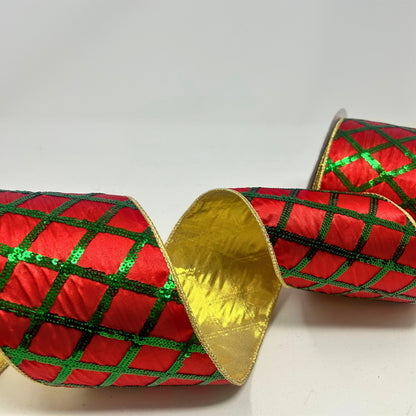 Red Ribbon w/ Green Sequin Embroidery Diamonds and Gold back 4" x 10yd | IR