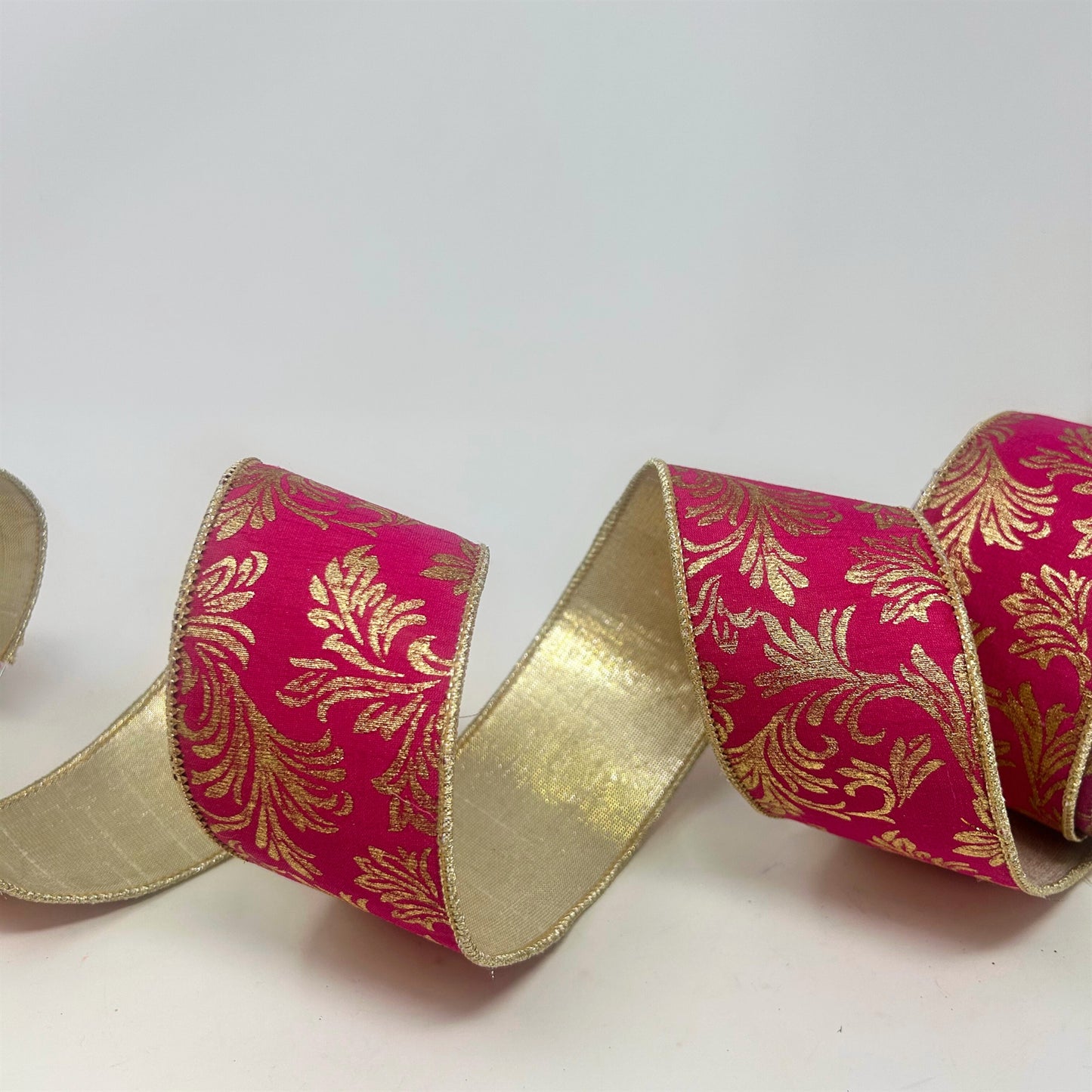 Hot Pink Ribbon w/ Metallic Gold Acanthus Pattern 2.5" x 10yd | IR