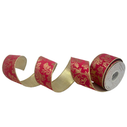 Hot Pink Ribbon w/ Metallic Gold Acanthus Pattern 2.5" x 10yd | IR