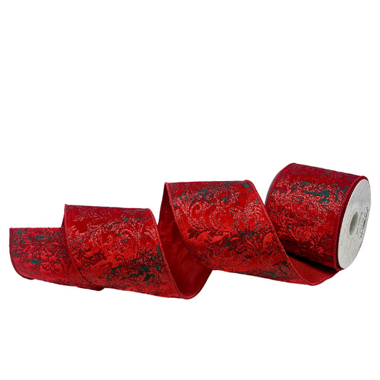 Green And Red Acanthus Design on Red Velvet Ribbon 4" x 10yd | IR