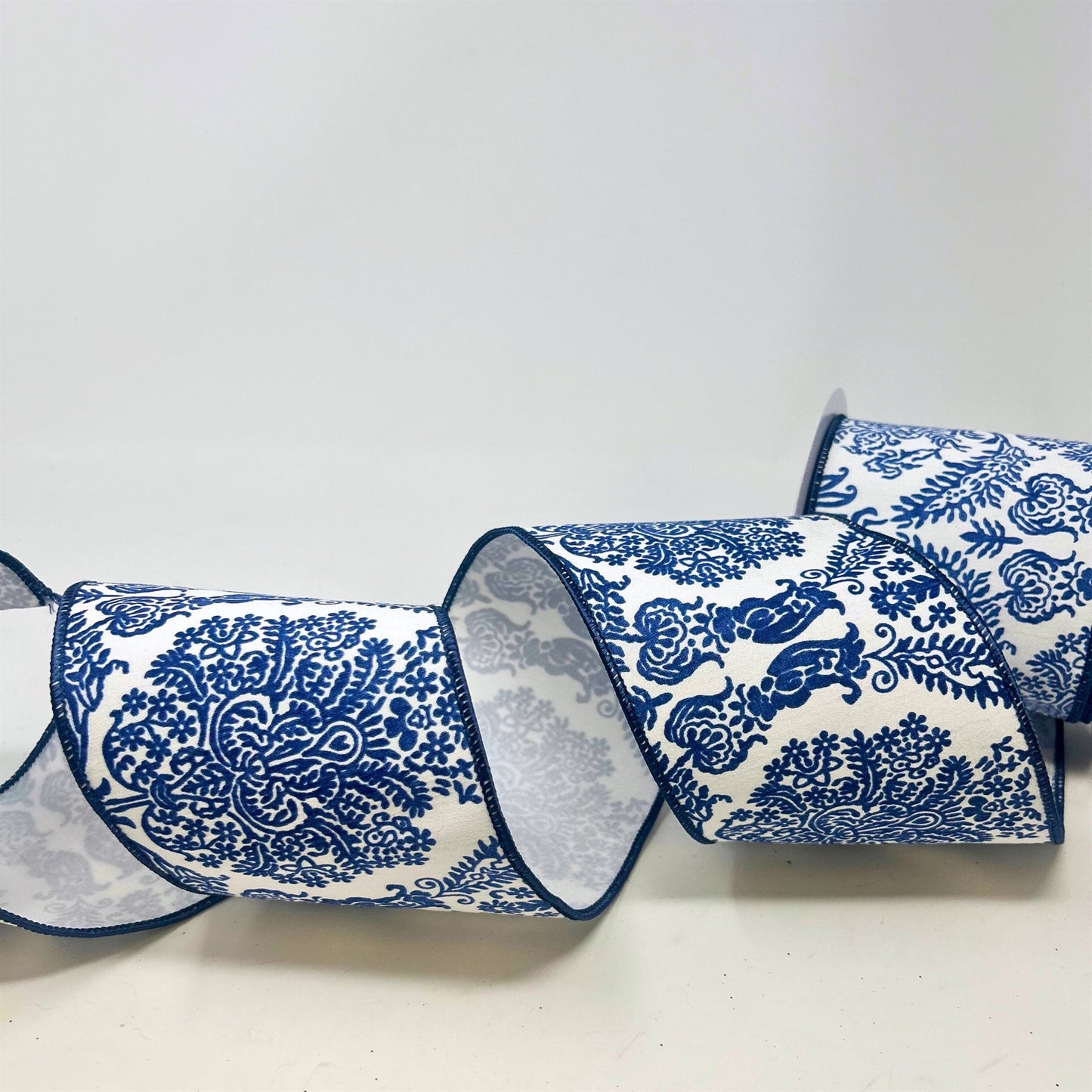 Blue Chinoiserie Print Ribbon on White Faux Dupioni 4" x 10yd | IR