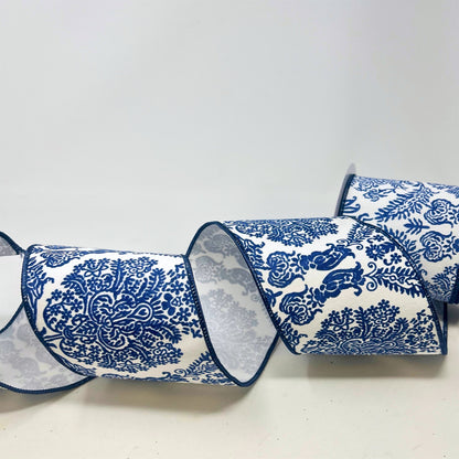 Blue Chinoiserie Print Ribbon on White Faux Dupioni 4" x 10yd | IR