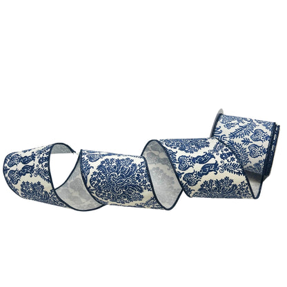 Blue Chinoiserie Print Ribbon on White Faux Dupioni 4" x 10yd | IR