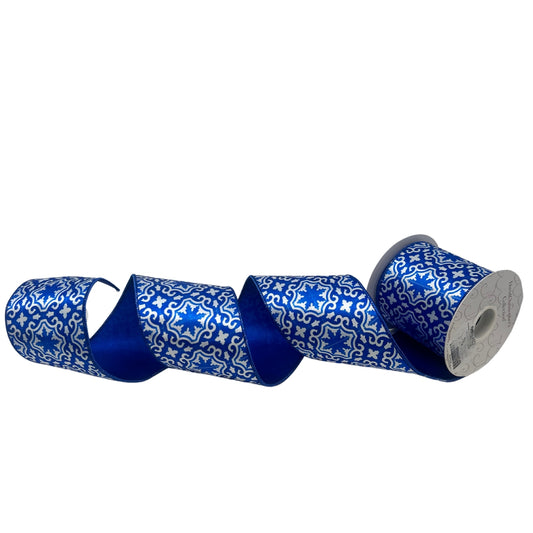 Blue and White Tile Print on Satin Ribbon 4” x 10yd | IR