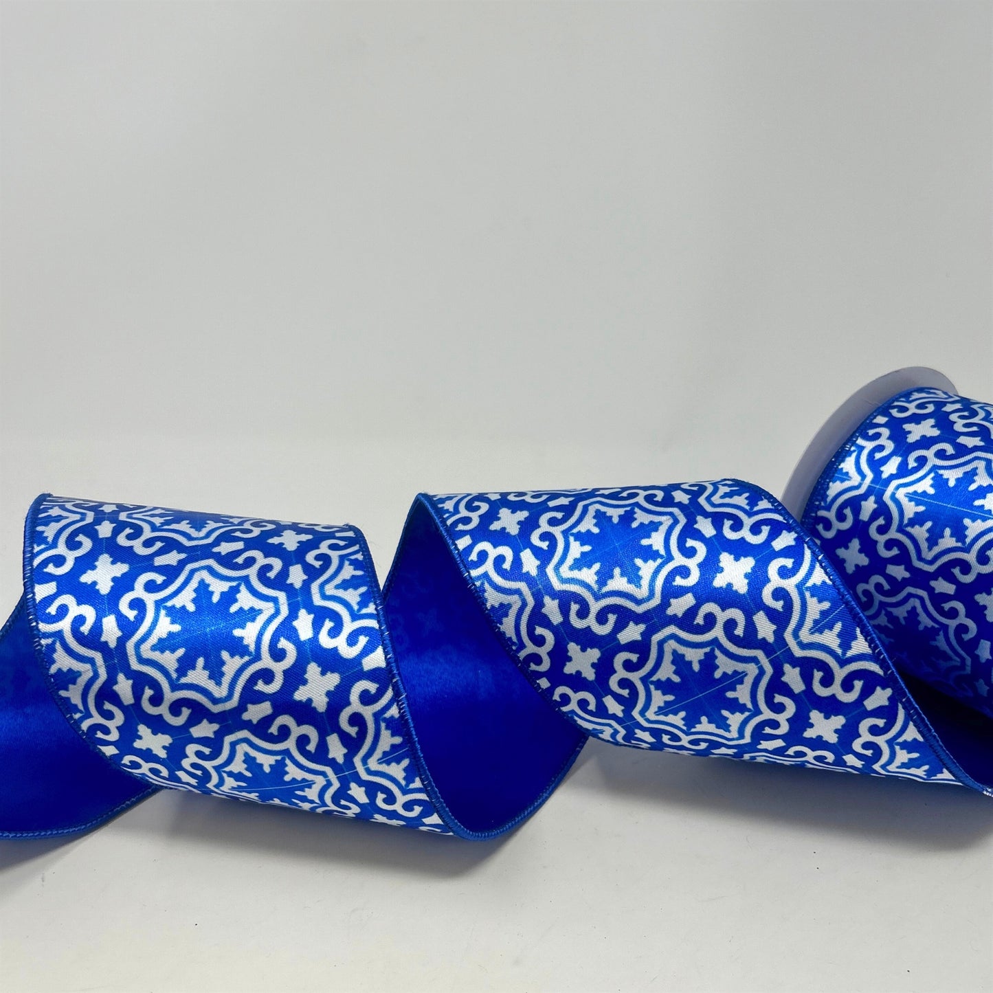 Blue and White Tile Print on Satin Ribbon 4” x 10yd | IR
