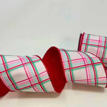 Aqua/Red/Pink Check Print on Satin Ribbon w/ Red back 4” x 10yd | IR