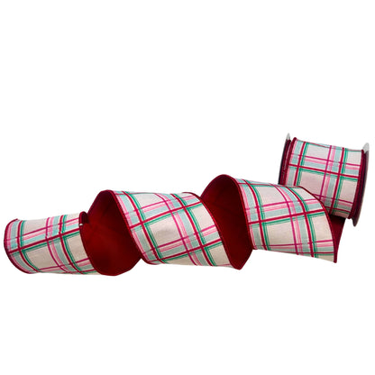 Aqua/Red/Pink Check Print on Satin Ribbon w/ Red back 4” x 10yd | IR