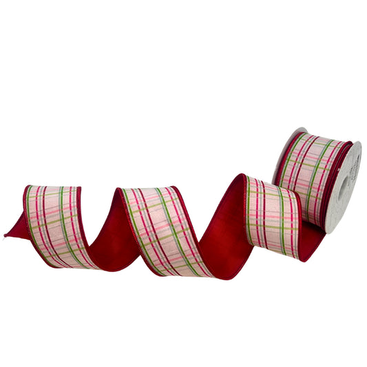 Mixed Pastel Plaid Print on Satin Ribbon red backing 2.5" x 10yd | IR