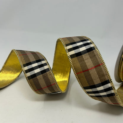 Berry Black and Tan Plaid Ribbon w/ Gold back 1.5" x 10yd | IR