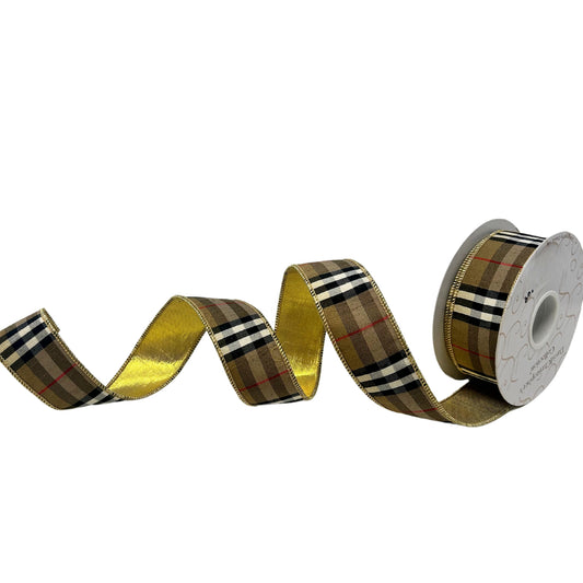 Berry Black and Tan Plaid Ribbon w/ Gold back 1.5" x 10yd | IR